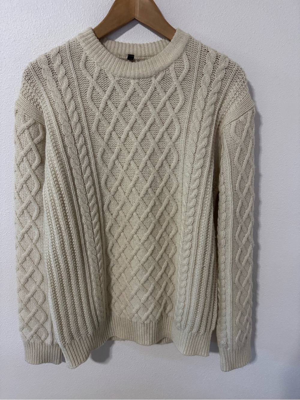 Muji Andean Wool Chunky Cable Knit Jumper Ivory Crew Sweater-Small
